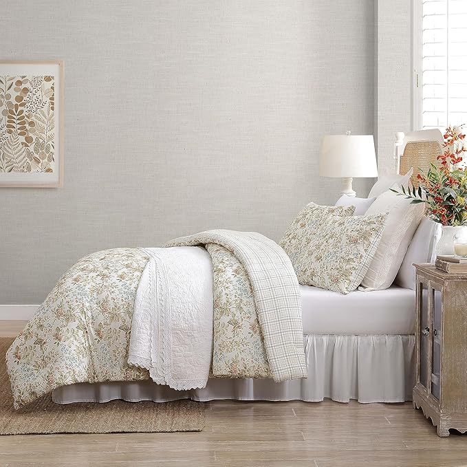 Laura Ashley - Twin Comforter Set, Reversible Cotton Bedding with Matching Sham, Floral Home Decor with Plaid Reverse (Bramble Floral Beige, Twin)