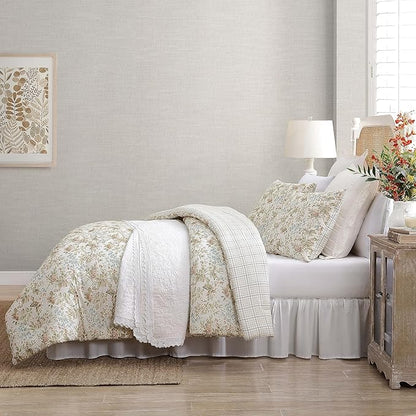Laura Ashley - Twin Comforter Set, Reversible Cotton Bedding with Matching Sham, Floral Home Decor with Plaid Reverse (Bramble Floral Beige, Twin)