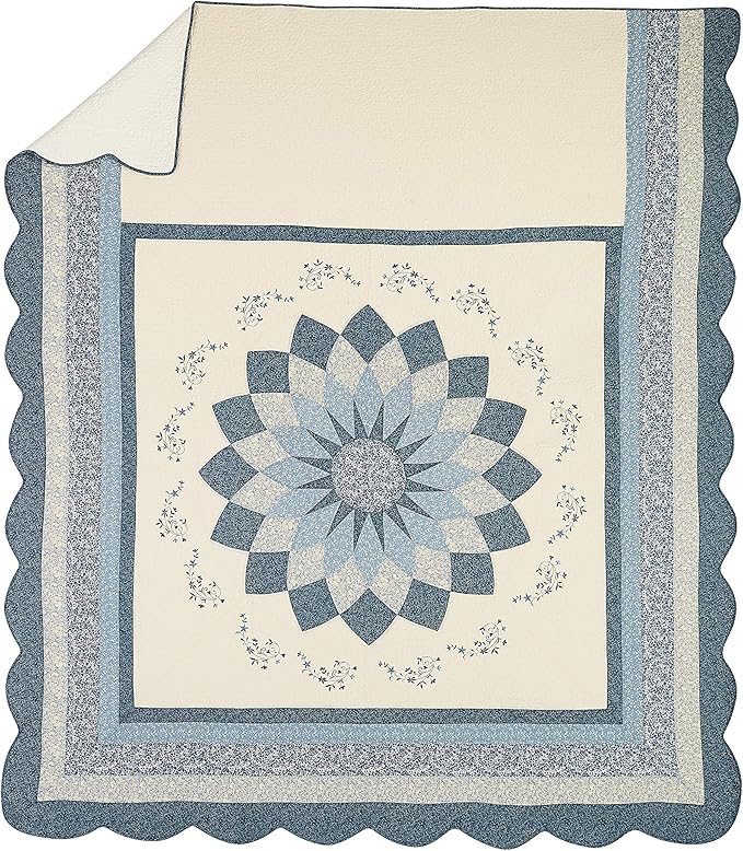 Modern Heirloom Blue Floral Embroidered Quilted Bedspread - Lightweight Breathable All Seasons Bedding, Queen Size