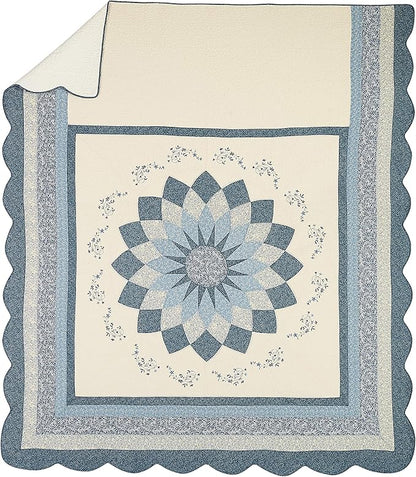 Modern Heirloom Blue Floral Embroidered Quilted Bedspread - Lightweight Breathable All Seasons Bedding, Full Size