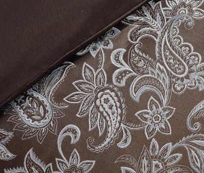 Chezmoi Collection Tuscany 7-Piece Blue Brown Paisley Floral Jacquard Comforter Bedding Set, Queen Size