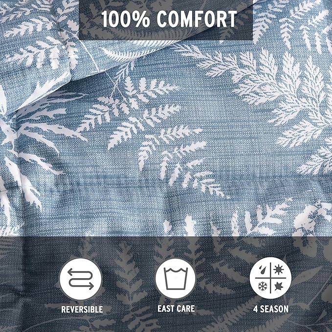 Eddie Bauer - King Comforter Set, Soft Reversible Bedding with Matching Shams, Wildflower Inspired Luxurious Bedding Set with Stripe Reverse (Fern Garden Blue, King)