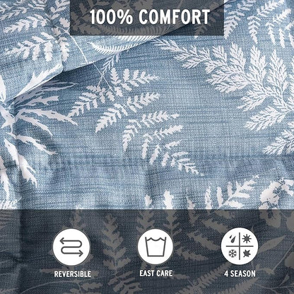 Eddie Bauer - Queen Comforter Set, Soft Reversible Bedding with Matching Shams, Wildflower Inspired Luxurious Bedding Set with Stripe Reverse (Fern Garden Blue, Queen)