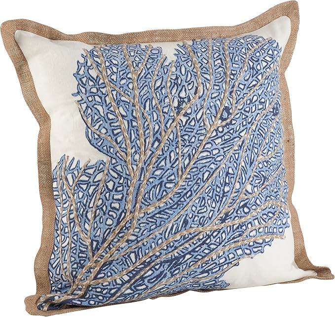 SARO LIFESTYLE Neptunian Coastal Throw Pillow – 20” x 20”, Woven Cotton Cover with Jute Trim, Zipper Closure, Down & Feather Insert – Coral Fan, Navy Blue