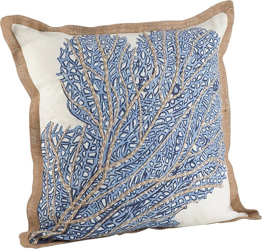 SARO LIFESTYLE Neptunian Coastal Throw Pillow – 20” x 20”, Woven Cotton Cover with Jute Trim, Zipper Closure, Down & Feather Insert – Coral Fan, Navy Blue