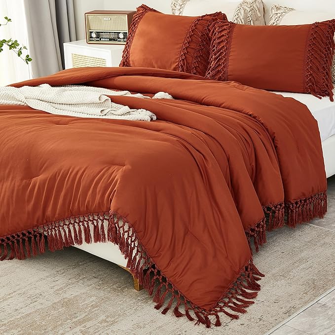 Andency Burnt Orange Comforter Set California King, 3 Pieces Boho Cal King Tassel Lightweight Soft Bedding Comforter Sets, Oversized Bed Set (104x96In Comforter & 2 Pillowcases)