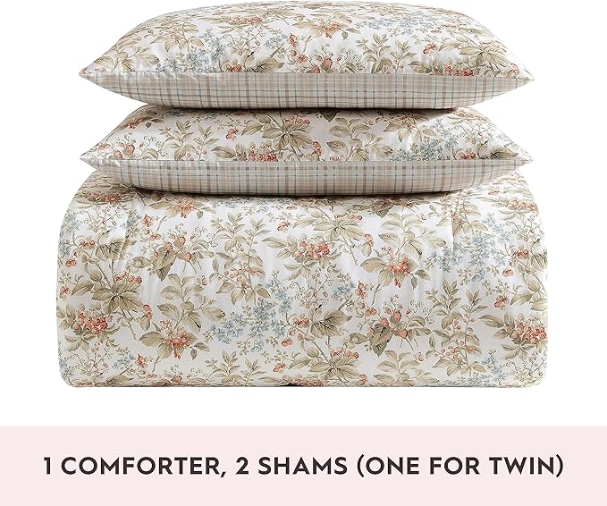 Laura Ashley - King Comforter Set, Reversible Cotton Bedding with Matching Shams, Floral Home Decor with Plaid Reverse (Bramble Floral Beige, King)