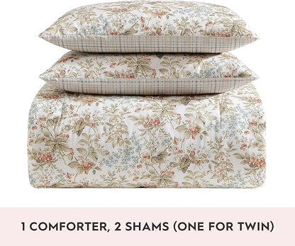 Laura Ashley - Queen Comforter Set, Reversible Cotton Bedding with Matching Shams, Floral Home Decor with Plaid Reverse (Bramble Floral Beige, Queen)