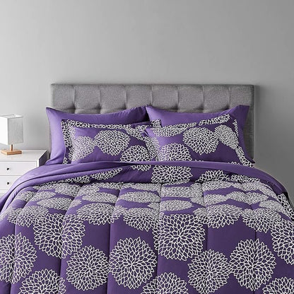 Amazon Basics Full/Queen Comforter Set with Sheets, 7-Piece Purple Floral Bedding, Lightweight Microfiber Bed-in-a-Bag