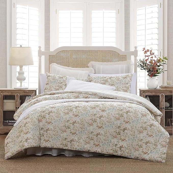 Laura Ashley - Queen Comforter Set, Reversible Cotton Bedding with Matching Shams, Floral Home Decor with Plaid Reverse (Bramble Floral Beige, Queen)