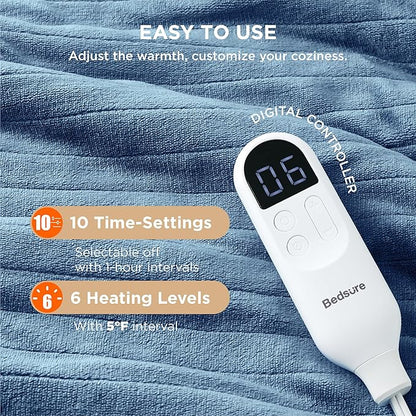 Bedsure Electric Blanket Full Size - Soft Flannel Heated Blanket, Fast Heating with 10 Time Settings & 6 Heat Settings, Warm Gift for Grandma (72x84 inches, Blue)