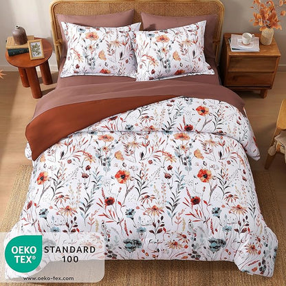 CASAAGUSTO King Comforter Set, 7 PCS White Floral Comforter Set with Terracotta Flowers Leaves Pattern, Soft Seersucker Design All Season King Bedding Set(102"X90")