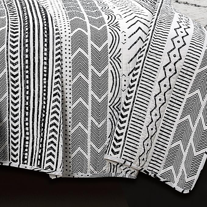 Lush Decor Hygge Geo Pattern Striped 3 Piece Quilt Bedding Set, Full/Queen, Black & White