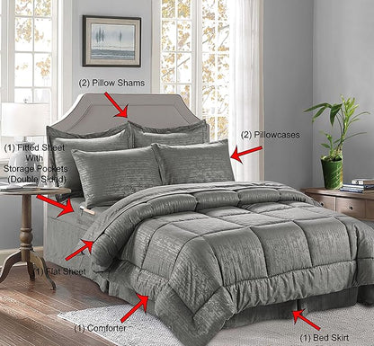 Luxury Best, Softest, Coziest 8-Piece Bed-in-a-Bag Comforter Set - Elegant Comfort - Silky Soft Bamboo Pattern Complete Set Includes Bed Sheet Set with Double Sided Storage Pockets, Full/Queen, White