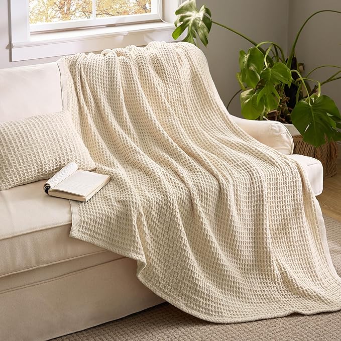 Bedsure 5 Pieces Cotton Comforter Set with Waffle Throw Blanket - Soft Breathable Bedding Set for All Seasons, White Queen Comforter, Pillow Shams, Beige 100% Cotton Blanket, Throw Pillow
