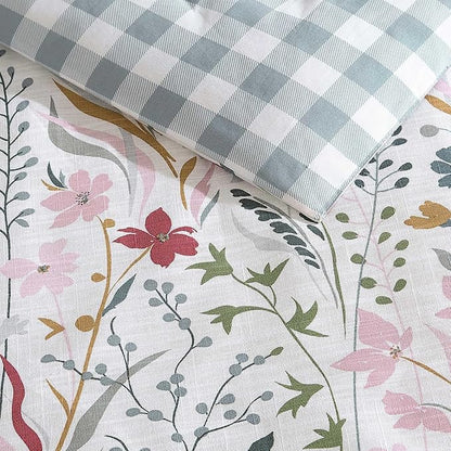 Eddie Bauer - Twin Comforter Set, Reversible Cotton Bedding with Matching Sham, Floral Print with Plaid Reverse, Medium-Weight, Dorm Essentials (Woodland Forest Grey)
