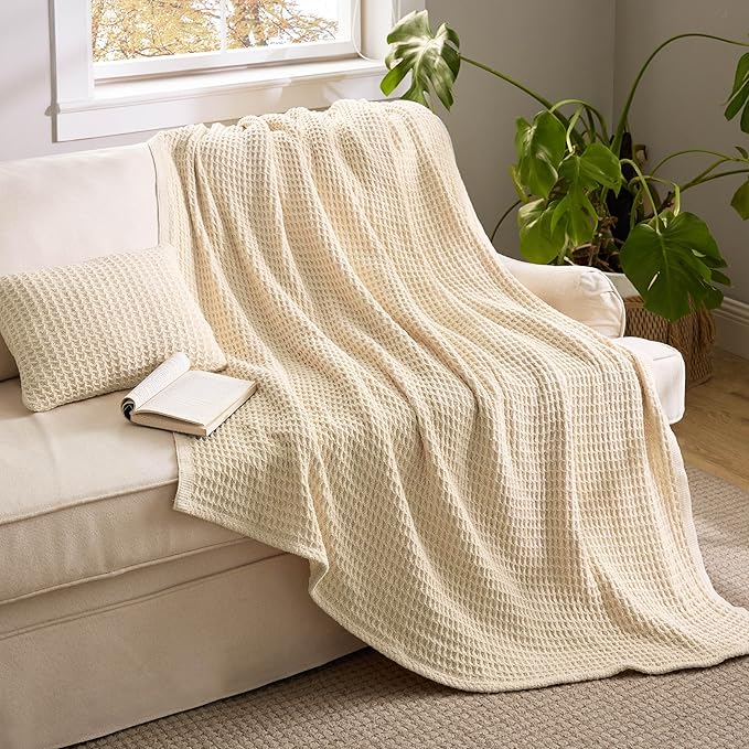 Bedsure 5 PCS Cotton Comforter Set with Waffle Throw Blanket - Breathable Bedding Set for All Seasons, Olive Green Comforter Full Size, Pillow Shams, Beige 100% Cotton Blanket, Throw Pillow