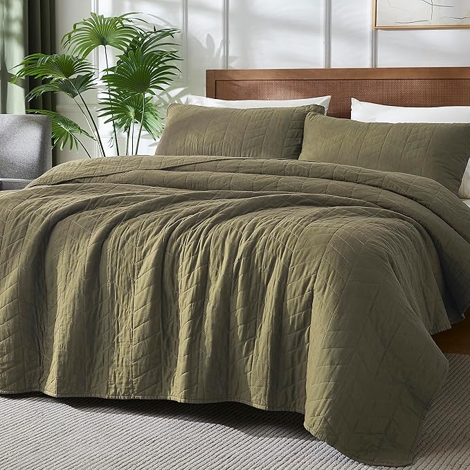 palassio Green Cotton Quilt King Size Bedding Sets with Pillow Shams, Olive Lightweight Soft Bedspread Coverlet, Sage Quilted Comforter Bed Cover for All Season, 3 Pieces, 106x96 inches