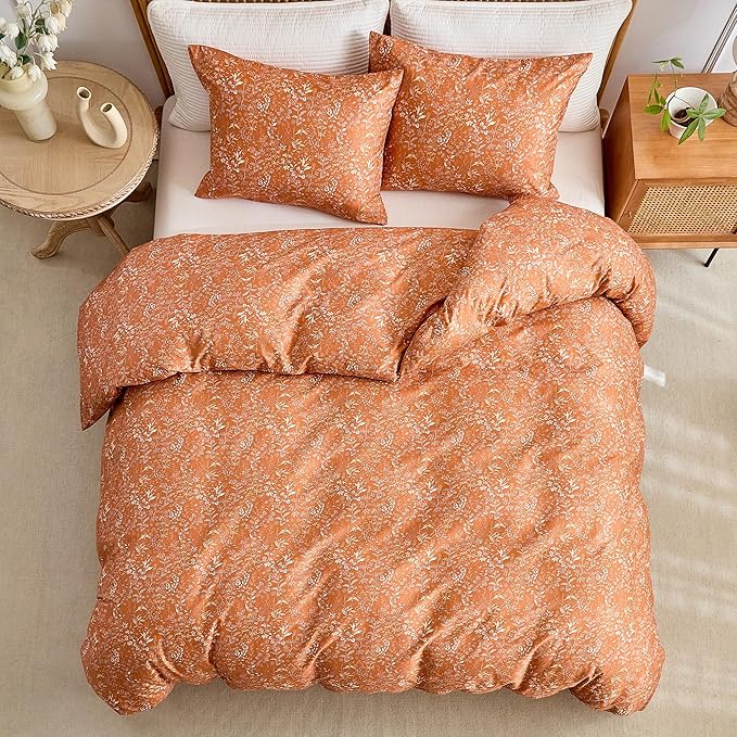 mixinni Caramel Comforter Set Queen-Exquisite Floral Queen Size Comforter Set for All Seasons, 3 Pieces, 1 Wildflower Plants Comforter (90"x90") and 2 Pillow Cases (20"x26"), Caramel