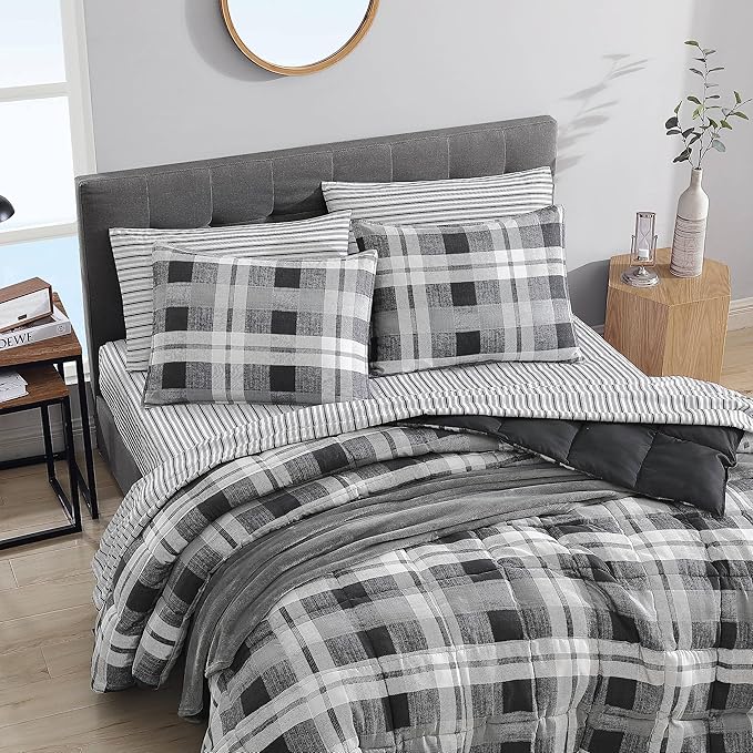 Nautica - King Comforter Set, Reversible Bedding with Matching Shams, Microsuede with Sherpa Reverse, Oek-Tex Certified (Crossview Plaid Charcoal)