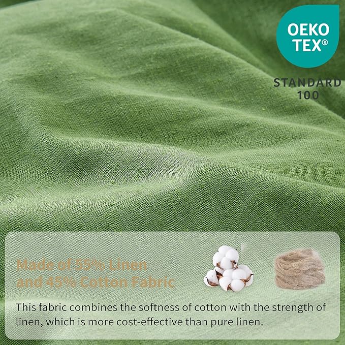 Simple&Opulence Belgian Linen Sheet Set Solid Color - 4 Pieces (1 Flat Sheet & 1 Fitted Sheet & 2 Pillowcases) Natural Flax Cotton Blend Soft Bedding Breathable Farmhouse - Khaki Green, Queen Size