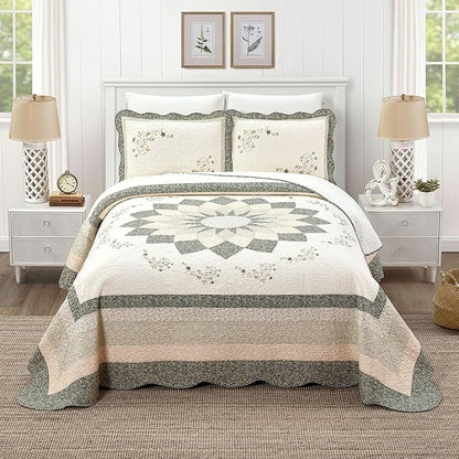 Modern Heirloom Harper Green Floral Embroidered Quilted Single Pillow Sham - Lightweight Breathable All Seasons Bedding, King Size