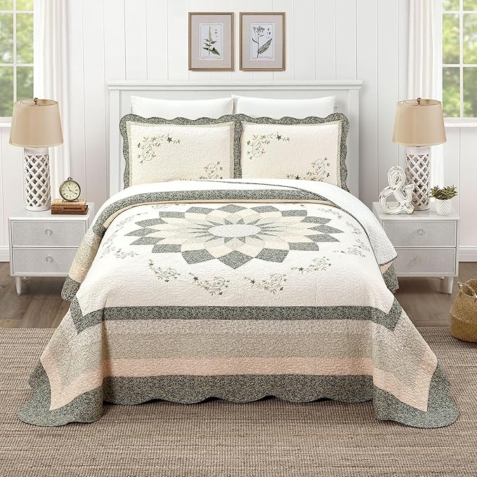 Modern Heirloom Harper Green Floral Embroidered Quilted Bedspread - Lightweight Breathable All Seasons Bedding, King Size
