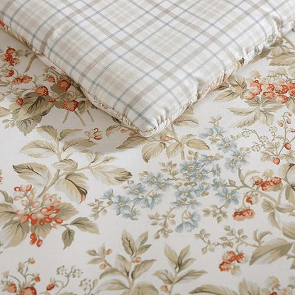Laura Ashley - Twin Comforter Set, Reversible Cotton Bedding with Matching Sham, Floral Home Decor with Plaid Reverse (Bramble Floral Beige, Twin)