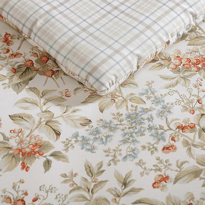 Laura Ashley - Queen Comforter Set, Reversible Cotton Bedding with Matching Shams, Floral Home Decor with Plaid Reverse (Bramble Floral Beige, Queen)