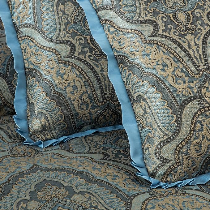 Chezmoi Collection Pierre Comforter Set King Size, 7-Piece Blue Gold Medallion Paisley Jacquard Bedding Set