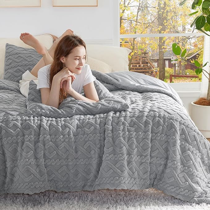 Bedsure Queen Fluffy Comforter Set, Grey Plush Fleece Bed Set, Luxury Jacquard Farmhouse Boho Soft Warm Bedding for Winter, 3 Pieces, 1 Comforter (90"x90") and 2 Pillowcases (20"x26")