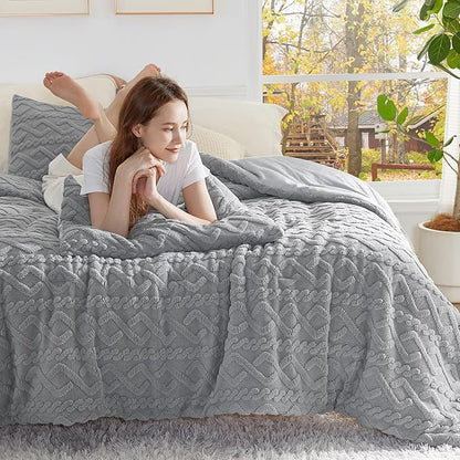 Bedsure Queen Fluffy Comforter Set, Grey Plush Fleece Bed Set, Luxury Jacquard Farmhouse Boho Soft Warm Bedding for Winter, 3 Pieces, 1 Comforter (90"x90") and 2 Pillowcases (20"x26")