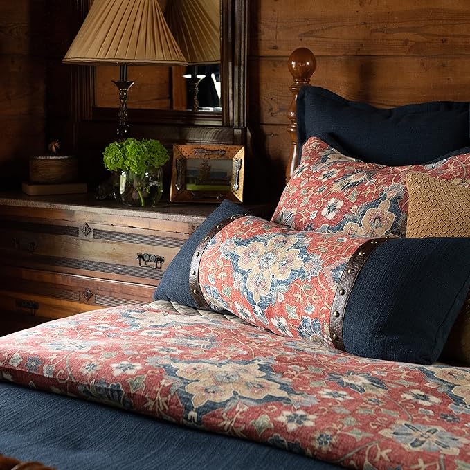 HiEnd Accents Washed Linen Melinda Lumbar Floral Pillow, 14x36 inch, Navy Blue and Red, Medallion Classic Western Rustic Lodge Bedding, Decorative Throw Pillow