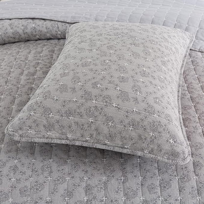 Soul & Lane Gray Whisper Cotton Quilt Set - Queen Size with 2 Shams, Geometric Quilted Comforter, Lightweight Modern Diamond Bedspread in Grey Tones, Diamond Stitched Bedding