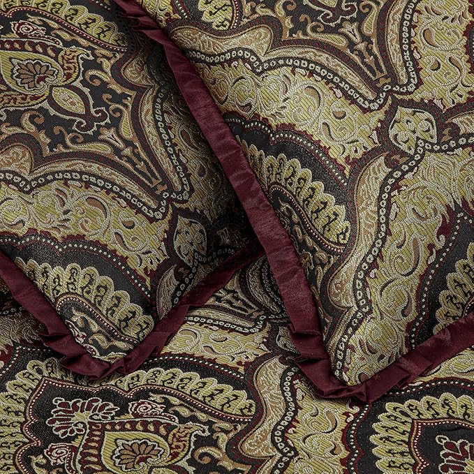Chezmoi Collection Pierre Comforter Set Oversized King Size, 7-Piece Burgundy Black Gold Medallion Paisley Jacquard Bedding Set