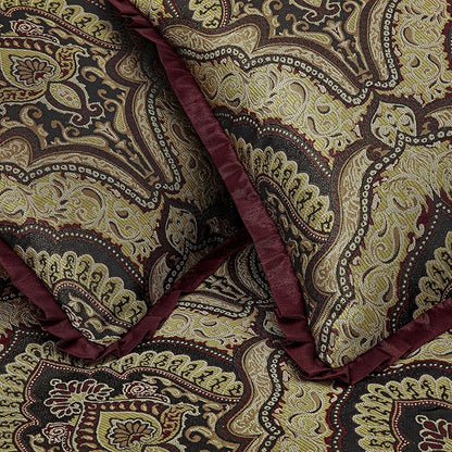 Chezmoi Collection Pierre Comforter Set Oversized King Size, 7-Piece Burgundy Black Gold Medallion Paisley Jacquard Bedding Set