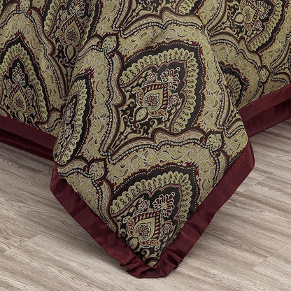 Chezmoi Collection Pierre Comforter Set Queen Size, 7-Piece Burgundy Black Gold Medallion Paisley Jacquard Bedding Set