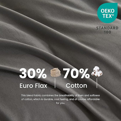 Simple&Opulence Belgian Linen Sheet Set Solid Color - 6 Pieces (1 Flat Sheet & 1 Fitted Sheet & 4 Pillowcases) 16" Deep Pocket Natural Flax Cotton Blended Soft Bedding - Dark Grey, King Size