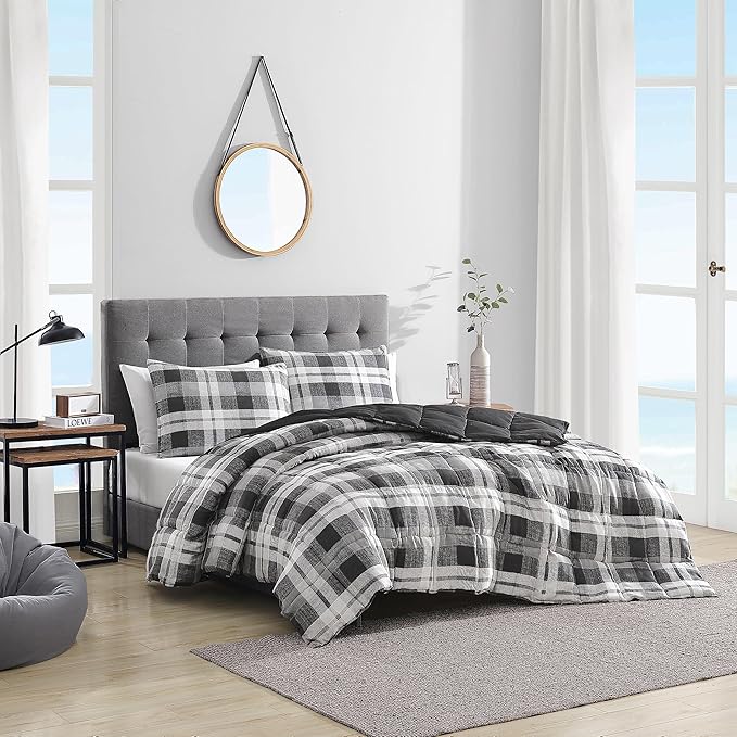Nautica - King Comforter Set, Reversible Bedding with Matching Shams, Microsuede with Sherpa Reverse, Oek-Tex Certified (Crossview Plaid Charcoal)
