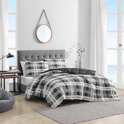 Nautica - King Comforter Set, Reversible Bedding with Matching Shams, Microsuede with Sherpa Reverse, Oek-Tex Certified (Crossview Plaid Charcoal)