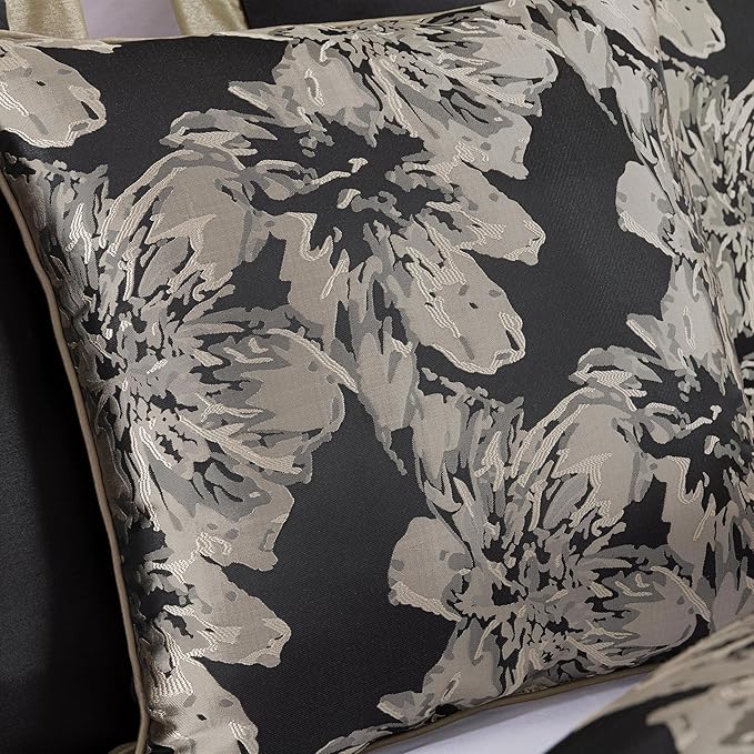Chezmoi Collection Kelsey Comforter Set Oversized King Size, 7-Piece Black Gold Hibiscus Floral Jacquard Bedding Set
