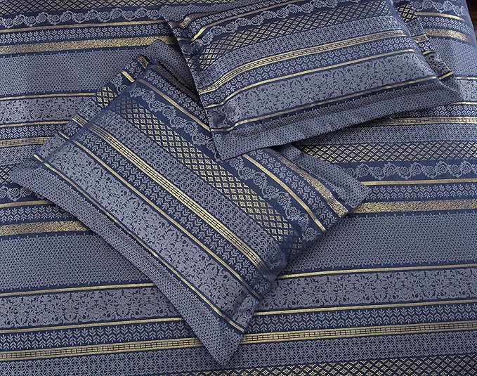 Chezmoi Collection Rio 7-Piece King Jacquard Comforter Set - Blue Gold Floral Geometric Damask Woven Bedding Set