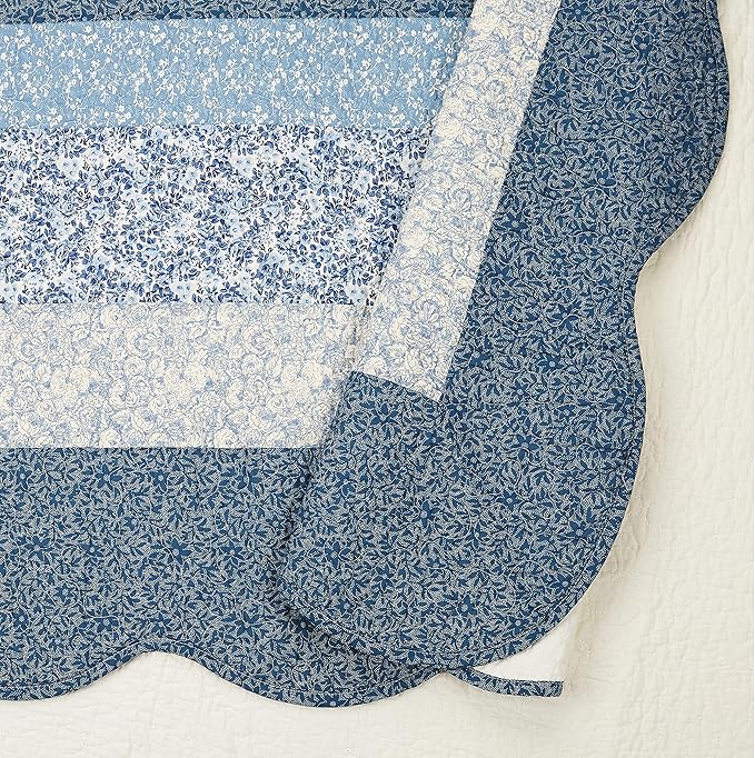 Modern Heirloom Blue Floral Embroidered Quilted Bedspread - Lightweight Breathable All Seasons Bedding, Queen Size