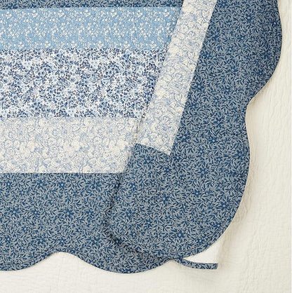 Modern Heirloom Blue Floral Embroidered Quilted Bedspread - Lightweight Breathable All Seasons Bedding, Queen Size