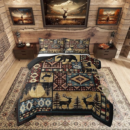 Erosebridal Rustic Bear Comforter Set Toddler,Buffalo Plaid Grid Checkered Bedding 2Pcs,Hunting Deer Farmhouse Cabin Decor Quilt,Retro Southwest Aztec Bed Set,Tribal Duvet Insert,Brown Red