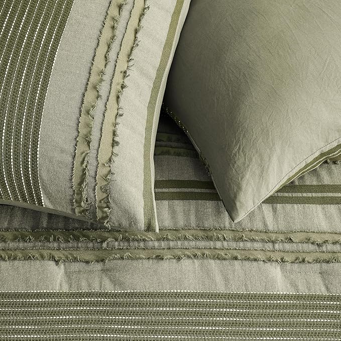 Wonderful Army Green Comforter Set Queen Size, Yarn Dyed Farmhouse Striped Cotton Lightweight Boho Comforter with Pillow Shams, Fluffy Bedding Set for All Season
