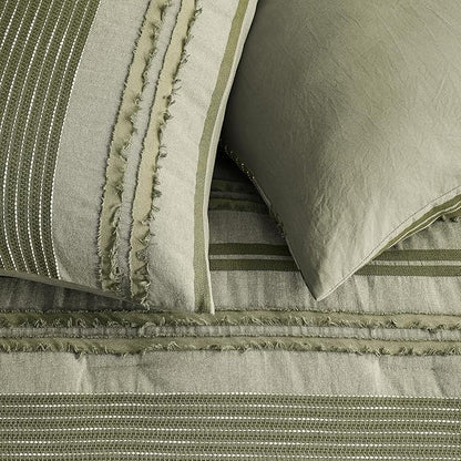 Wonderful Army Green Comforter Set Queen Size, Yarn Dyed Farmhouse Striped Cotton Lightweight Boho Comforter with Pillow Shams, Fluffy Bedding Set for All Season