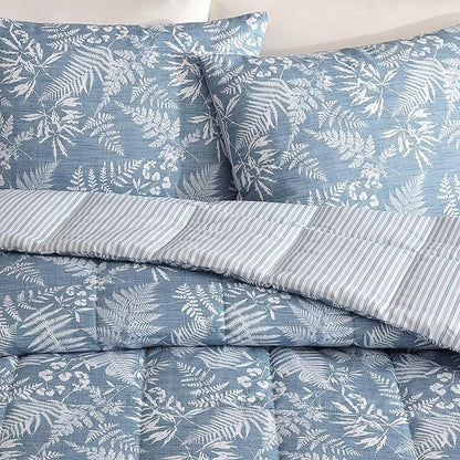 Eddie Bauer - King Comforter Set, Soft Reversible Bedding with Matching Shams, Wildflower Inspired Luxurious Bedding Set with Stripe Reverse (Fern Garden Blue, King)