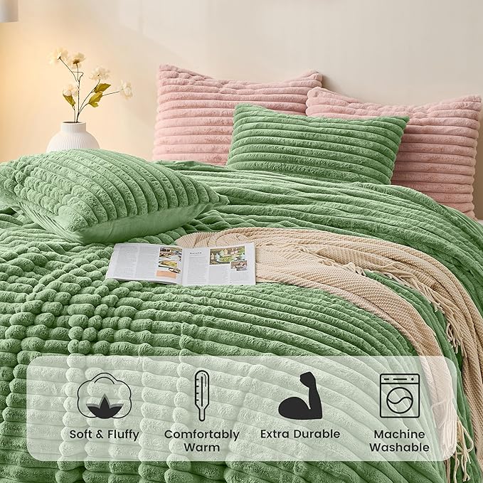 Simple&Opulence Fluffy Faux Fur Comforter Set, Plush Fuzzy Minky Bedding Set, 3 Pieces Warm Soft Comforter Bedding Set for Winter - 1 Shaggy Comforter with 2 Pillow Shams(Queen, Striped - Green)