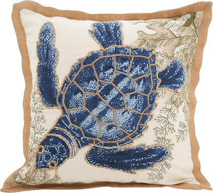 SARO LIFESTYLE Neptunian Coastal Throw Pillow – 20” x 20”, Woven Cotton Cover with Jute Trim, Zipper Closure, Down & Feather Insert – Sea Turtle, Navy Blue